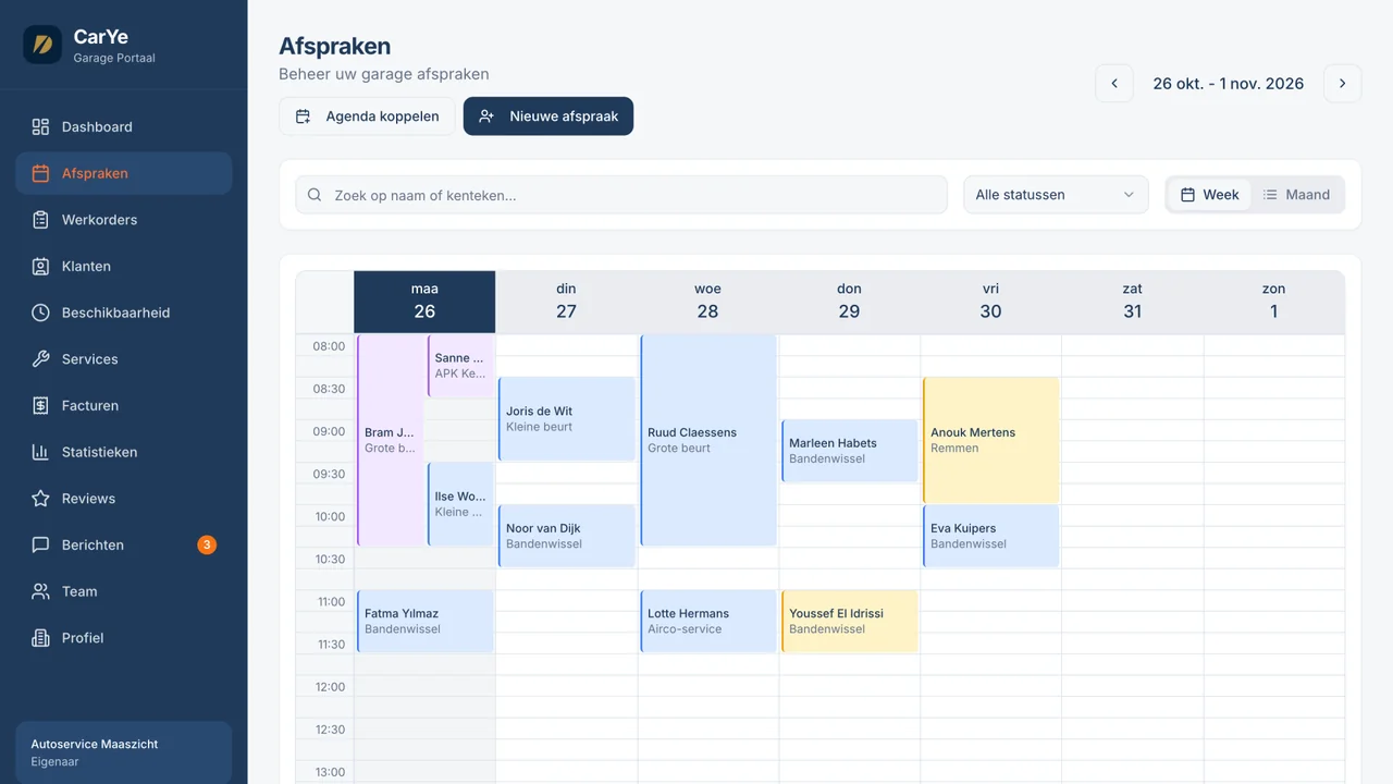 Weekplanning in garagesoftware met afspraken per dag en per tijdslot